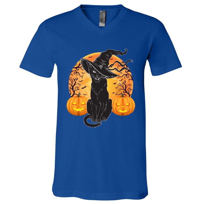 Black Cat Costume Scary Halloween Witch Hat And Moon Gift V-Neck T-Shirt