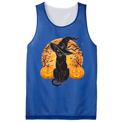 Black Cat Costume Scary Halloween Witch Hat And Moon Gift Mesh Reversible Basketball Jersey Tank