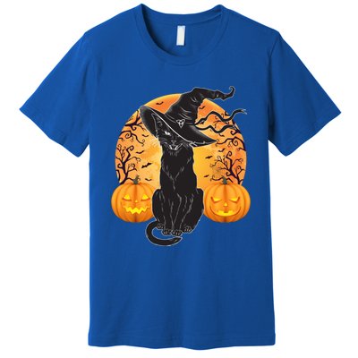 Black Cat Costume Scary Halloween Witch Hat And Moon Gift Premium T-Shirt