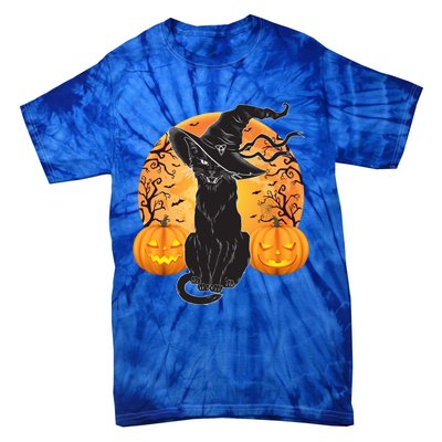 Black Cat Costume Scary Halloween Witch Hat And Moon Gift Tie-Dye T-Shirt