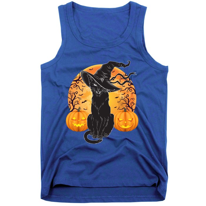 Black Cat Costume Scary Halloween Witch Hat And Moon Gift Tank Top