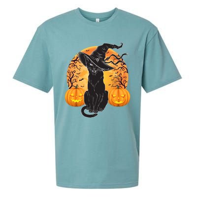 Black Cat Costume Scary Halloween Witch Hat And Moon Gift Sueded Cloud Jersey T-Shirt