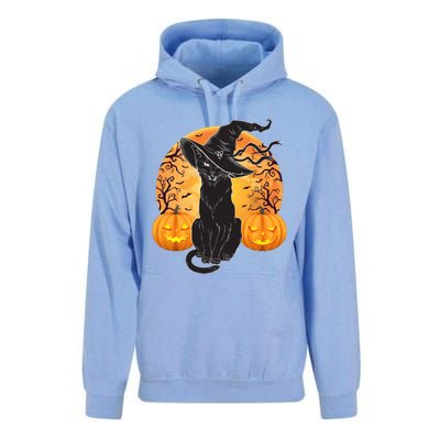 Black Cat Costume Scary Halloween Witch Hat And Moon Gift Unisex Surf Hoodie