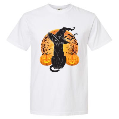 Black Cat Costume Scary Halloween Witch Hat And Moon Gift Garment-Dyed Heavyweight T-Shirt