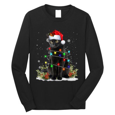 Black Cat Christmas Santa Hat Funny Meowy Cats Long Sleeve Shirt