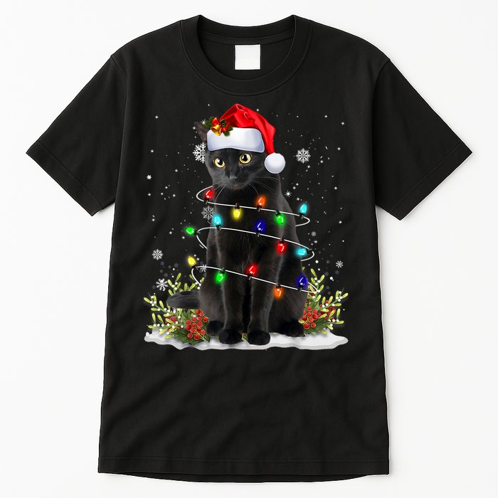 Black Cat Christmas Santa Hat Funny Meowy Cats Tall T-Shirt