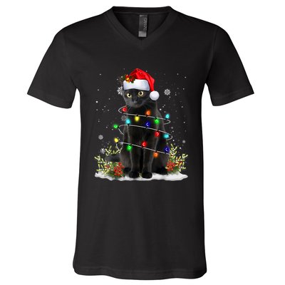 Black Cat Christmas Santa Hat Funny Meowy Cats V-Neck T-Shirt