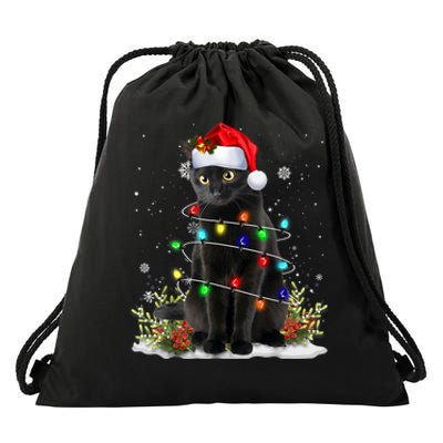 Black Cat Christmas Santa Hat Funny Meowy Cats Drawstring Bag