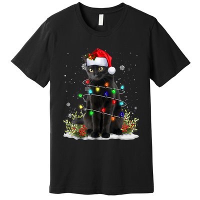 Black Cat Christmas Santa Hat Funny Meowy Cats Premium T-Shirt