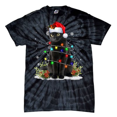 Black Cat Christmas Santa Hat Funny Meowy Cats Tie-Dye T-Shirt