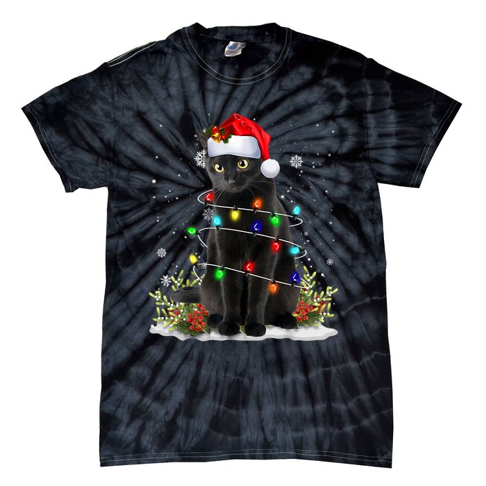 Black Cat Christmas Santa Hat Funny Meowy Cats Tie-Dye T-Shirt