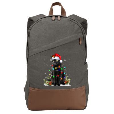 Black Cat Christmas Santa Hat Funny Meowy Cats Cotton Canvas Backpack