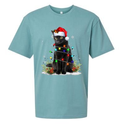 Black Cat Christmas Santa Hat Funny Meowy Cats Sueded Cloud Jersey T-Shirt