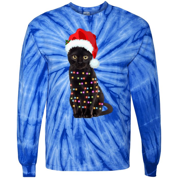 Black Cat Christmas Lights Cat Lover Christmas Gift Tie-Dye Long Sleeve Shirt