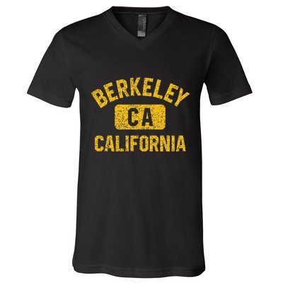 Berkeley CA California Gym Style Distressed Amber Print V-Neck T-Shirt