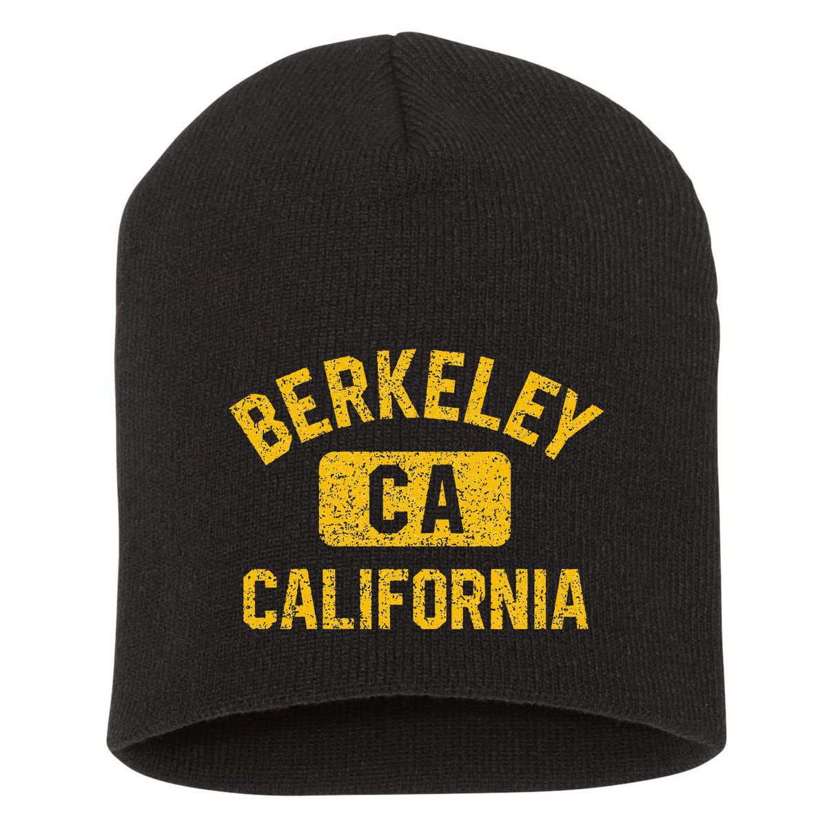 Berkeley CA California Gym Style Distressed Amber Print Short Acrylic Beanie