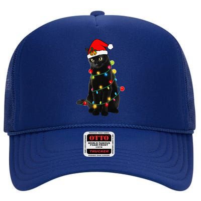 Black Cat Christmas Light Funny Cat Lover Xmas Cats High Crown Mesh Back Trucker Hat