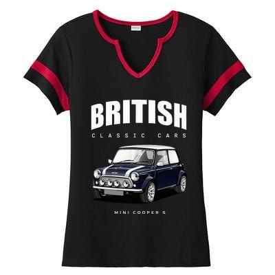 British Classic Car Dark Blue Mini Sports Car Ladies Halftime Notch Neck Tee