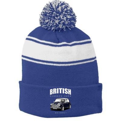 British Classic Car Dark Blue Mini Sports Car Stripe Pom Pom Beanie