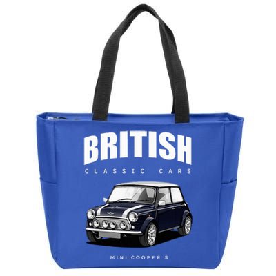 British Classic Car Dark Blue Mini Sports Car Zip Tote Bag