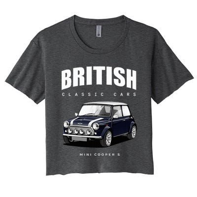 British Classic Car Dark Blue Mini Sports Car Women's Crop Top Tee