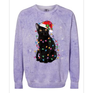 Black Cat Christmas Santa Hat Lights Pajama Xmas Cat Lover Premium Colorblast Crewneck Sweatshirt