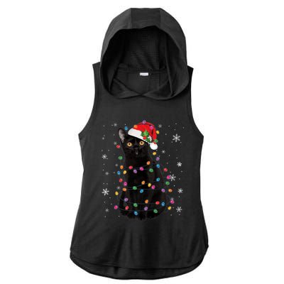 Black Cat Christmas Santa Hat Lights Pajama Xmas Cat Lover Premium Ladies PosiCharge Tri-Blend Wicking Draft Hoodie Tank