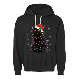 Black Cat Christmas Santa Hat Lights Pajama Xmas Cat Lover Premium Garment-Dyed Fleece Hoodie