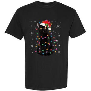 Black Cat Christmas Santa Hat Lights Pajama Xmas Cat Lover Premium Garment-Dyed Heavyweight T-Shirt