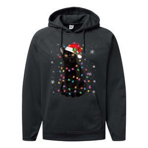 Black Cat Christmas Santa Hat Lights Pajama Xmas Cat Lover Premium Performance Fleece Hoodie