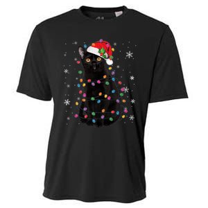 Black Cat Christmas Santa Hat Lights Pajama Xmas Cat Lover Premium Cooling Performance Crew T-Shirt