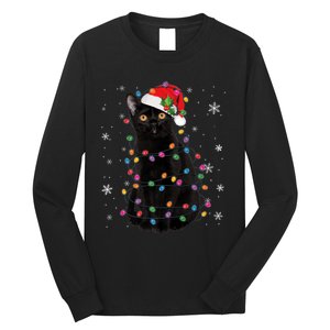 Black Cat Christmas Santa Hat Lights Pajama Xmas Cat Lover Premium Long Sleeve Shirt