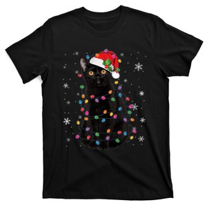 Black Cat Christmas Santa Hat Lights Pajama Xmas Cat Lover Premium T-Shirt