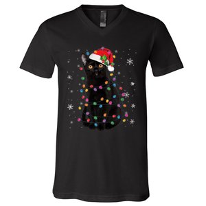 Black Cat Christmas Santa Hat Lights Pajama Xmas Cat Lover Premium V-Neck T-Shirt