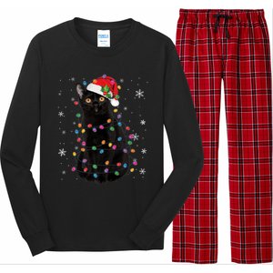 Black Cat Christmas Santa Hat Lights Pajama Xmas Cat Lover Premium Long Sleeve Pajama Set