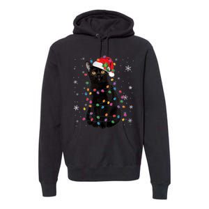 Black Cat Christmas Santa Hat Lights Pajama Xmas Cat Lover Premium Premium Hoodie