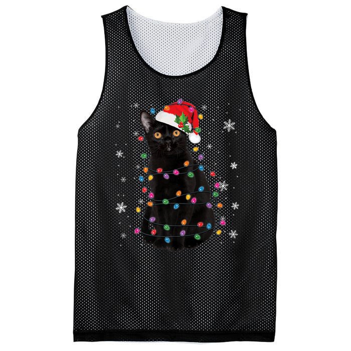 Black Cat Christmas Santa Hat Lights Pajama Xmas Cat Lover Premium Mesh Reversible Basketball Jersey Tank