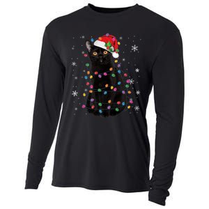 Black Cat Christmas Santa Hat Lights Pajama Xmas Cat Lover Premium Cooling Performance Long Sleeve Crew