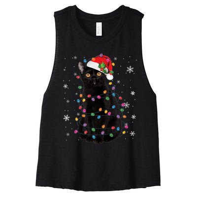 Black Cat Christmas Santa Hat Lights Pajama Xmas Cat Lover Premium Women's Racerback Cropped Tank