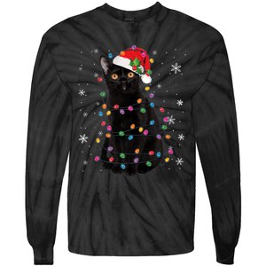 Black Cat Christmas Santa Hat Lights Pajama Xmas Cat Lover Premium Tie-Dye Long Sleeve Shirt