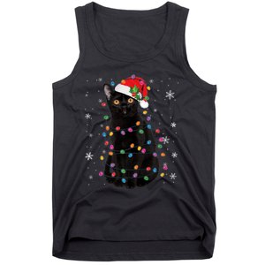 Black Cat Christmas Santa Hat Lights Pajama Xmas Cat Lover Premium Tank Top