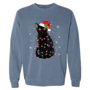 Black Cat Christmas Santa Hat Lights Pajama Xmas Cat Lover Premium Garment-Dyed Sweatshirt