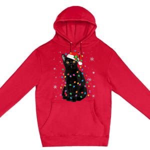 Black Cat Christmas Santa Hat Lights Pajama Xmas Cat Lover Premium Premium Pullover Hoodie