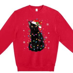 Black Cat Christmas Santa Hat Lights Pajama Xmas Cat Lover Premium Premium Crewneck Sweatshirt