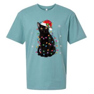 Black Cat Christmas Santa Hat Lights Pajama Xmas Cat Lover Premium Sueded Cloud Jersey T-Shirt