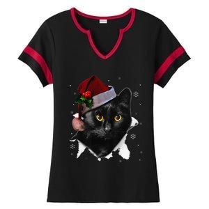 Black Cat Christmas Santa Hat Funny Cat Lover Christmas Ladies Halftime Notch Neck Tee