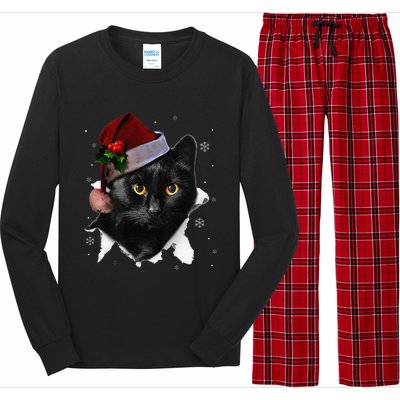 Black Cat Christmas Santa Hat Funny Cat Lover Christmas Long Sleeve Pajama Set