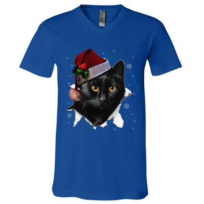 Black Cat Christmas Santa Hat Funny Cat Lover Christmas V-Neck T-Shirt