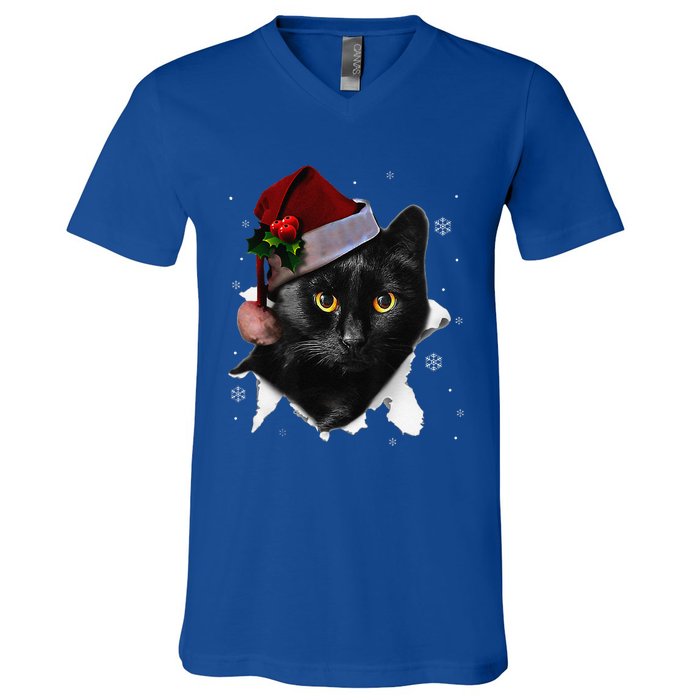 Black Cat Christmas Santa Hat Funny Cat Lover Christmas V-Neck T-Shirt