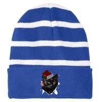 Black Cat Christmas Santa Hat Funny Cat Lover Christmas Striped Beanie with Solid Band